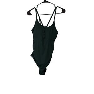Summer‎ Mae Women's Small Green Ribbed Button Accent One Piece Swimsuit